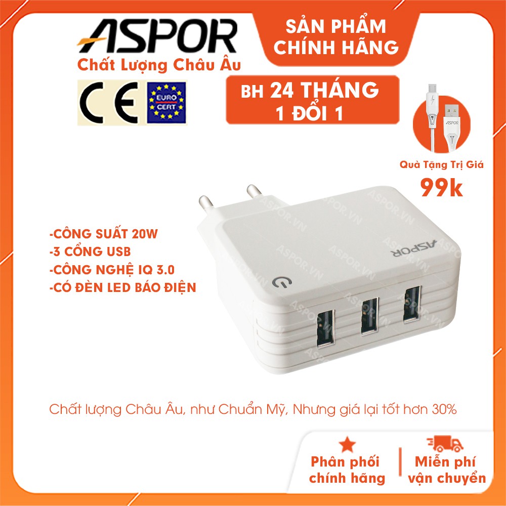 Cốc sạc 3 cổng USB 20W Có đèn Led báo điện,Củ sạc nhanh Aspor A831-hàng chính hãng