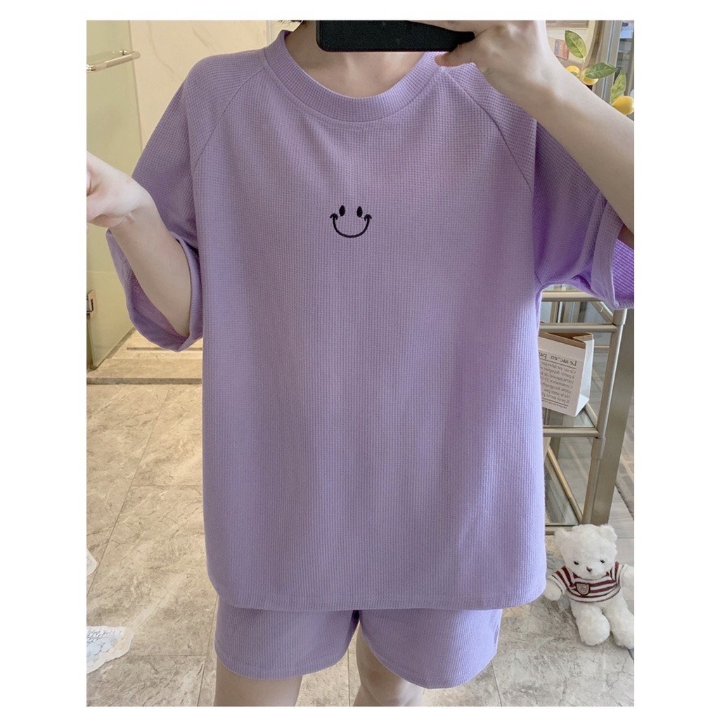 Set Raglan Tổ Ong Thêu Mặt Cười JOLIE Nữ  🌸 Bộ đồ quần short kèm áo thun form rộng tay lỡ hàn quốc Ulzzang 🌸