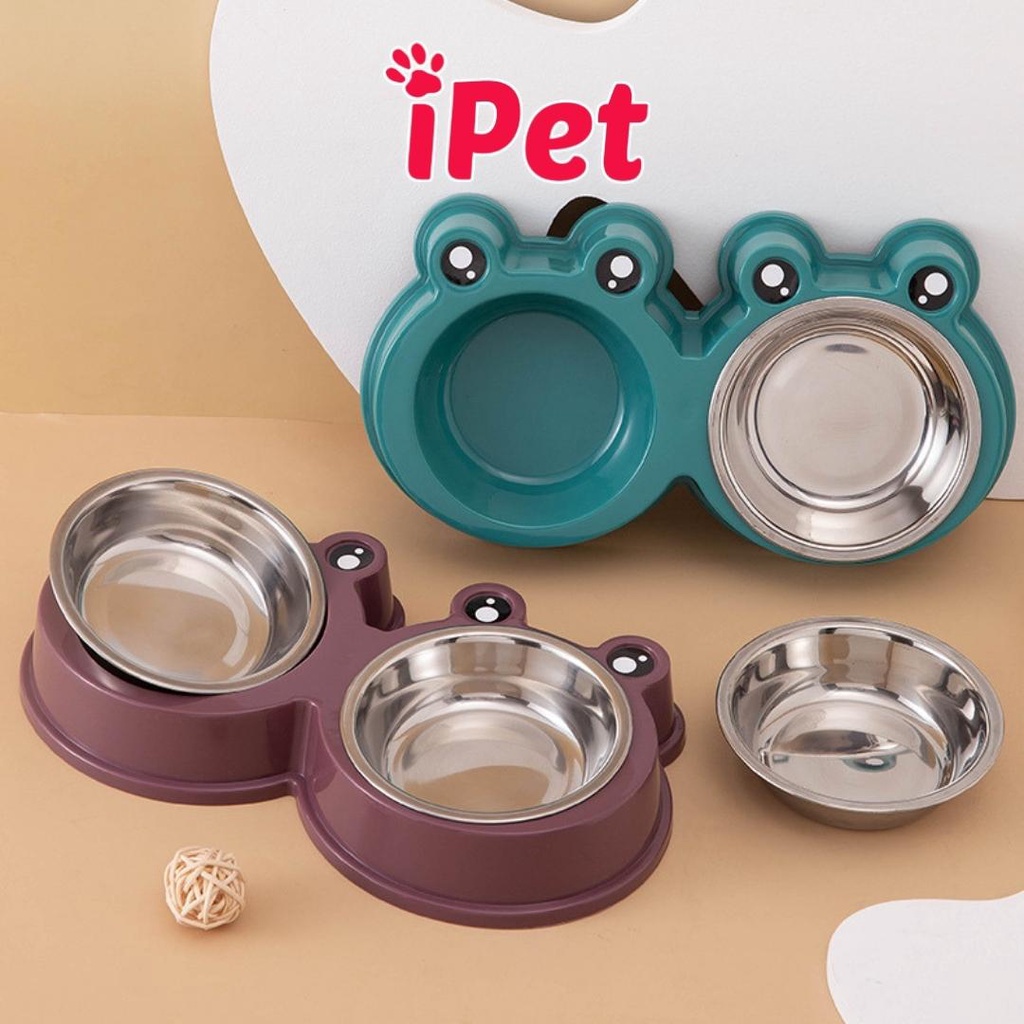 Bát đựng thức ăn nước uống cho chó mèo hình ếch 2 ngăn lòng inox - iPet Shop