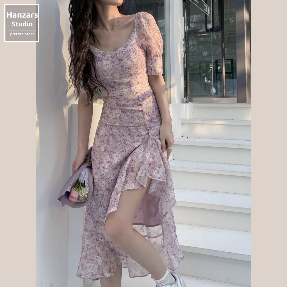 Váy Hoa Nhí Màu Tím Tay Phồng Dáng Chữ A Style Ulzzang Có Khóa Lưng Hai Lớp Hanzars.studio 3