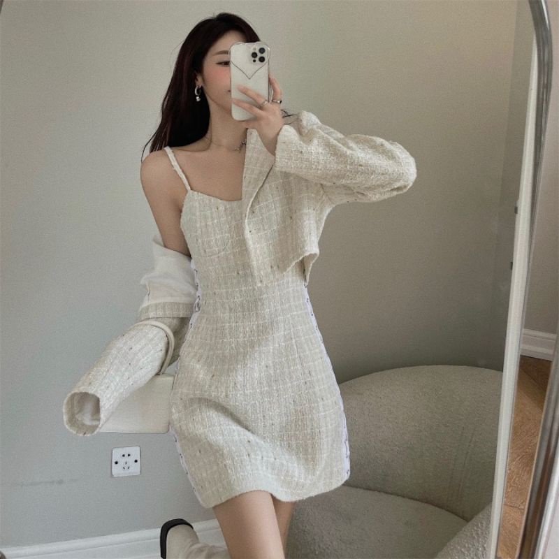 Set áo dạ tweed+ đầm dạ tweed sang chảnh