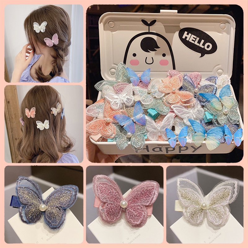 Kẹp tóc mặt hình bướm phối ren đính hạt ngọc trai giả phong cách Hàn Quốc ngọt ngào cho nữ