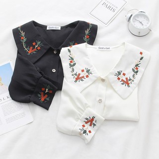 Áo sơ mi cổ bẻ thêu hoa cổ áo tay áo (Order)- Có ảnh thật