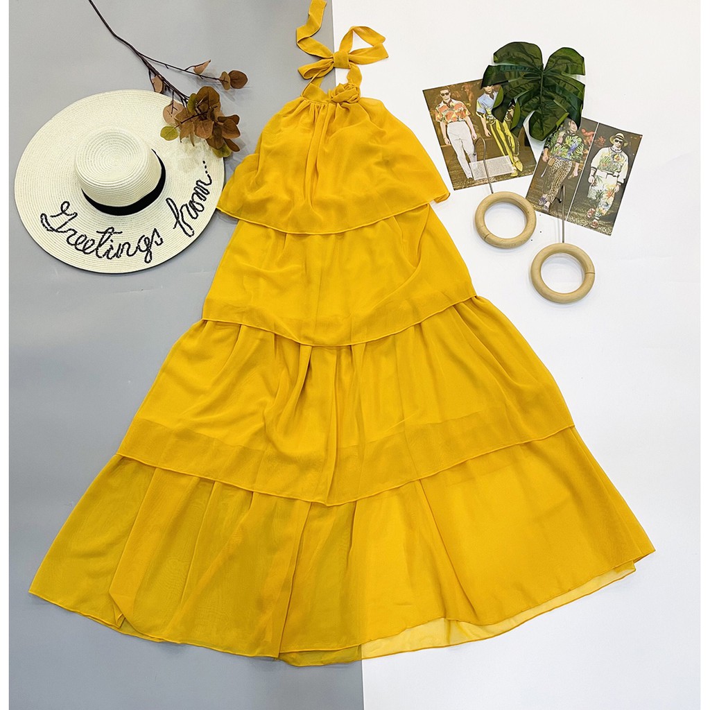 Đầm maxi tầng dàng dài cổ yếm thắt hoa hở lưng đi biển cá tính siêu xinh XUKA-DRESS MT045 chất Voon 2 lớp sang trọng.