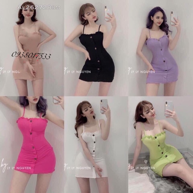 Đầm body ,đầm 2 dây viền bèo phối nút 6 màu