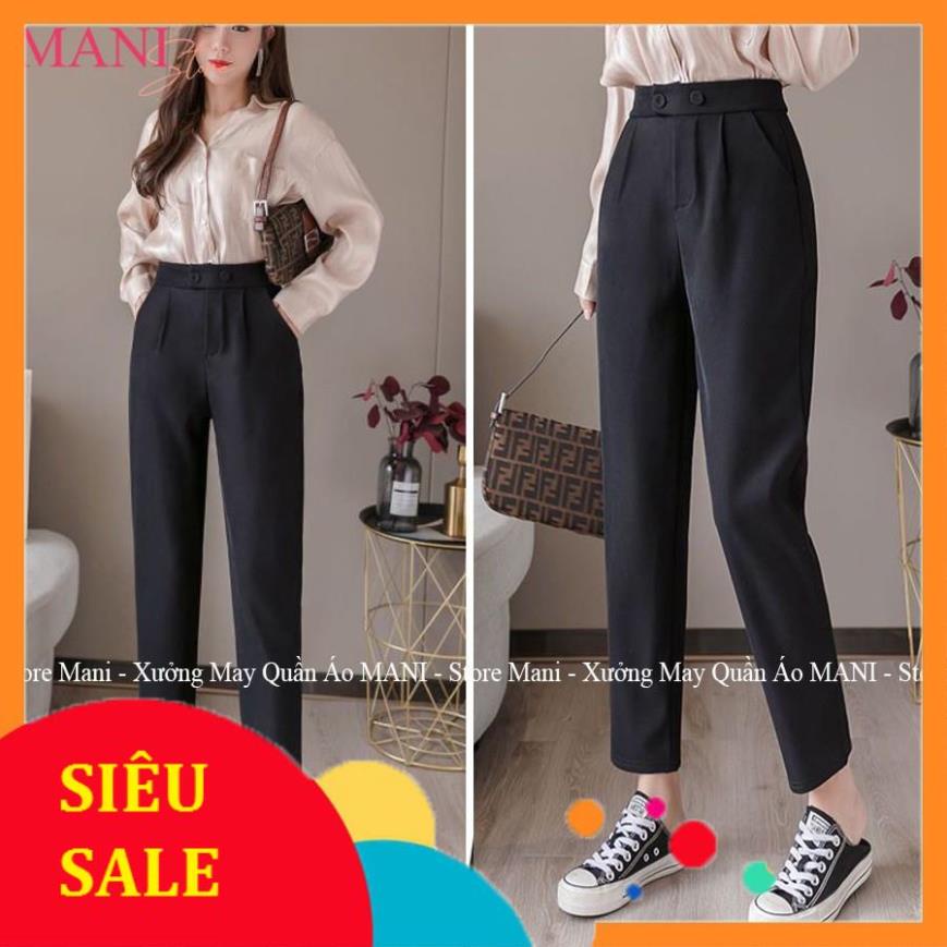Quần Baggy nữ công sở cạp cao - Chất vải tuyết mưa màu đen - Phối 2 cúc bấm - Form dáng chuẩn đẹp