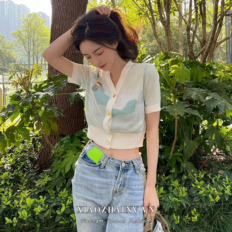 Xiaozhainv Áo cardigan Ngắn Tay Cổ Chữ V Thêu Họa Tiết Màu Sắc Tương Phản retro Cho Nữ