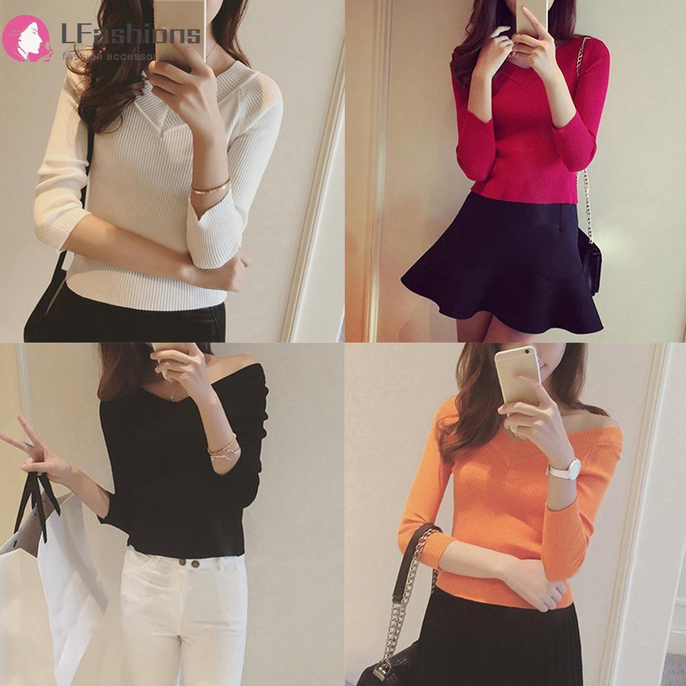 [Lfashions] Autumn Women Off Shoulder V-Neck Knit Tops Long Sleeve Pullover Sweaters | BigBuy360 - bigbuy360.vn