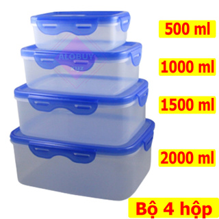 Bộ 4 hộp nhựa đựng thực phẩm chữ nhật cao cấp, có nắp gài chắc chắn dung tích 500ml, 1500ml, 1500ml, 2000ml BO-HTP78910