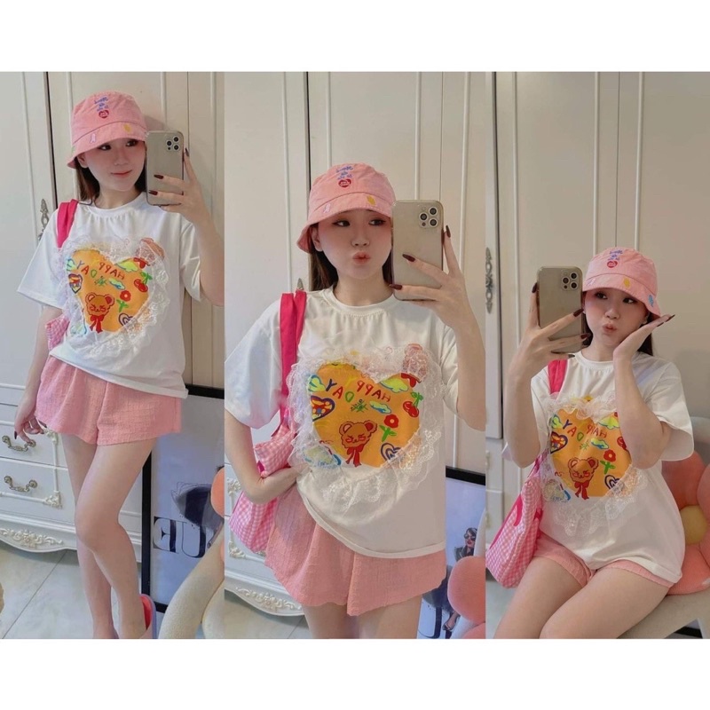 SET QUẦN SORT ÁO THUN PHỐI REN FORM RỘNG ULZZANG FREESIZE