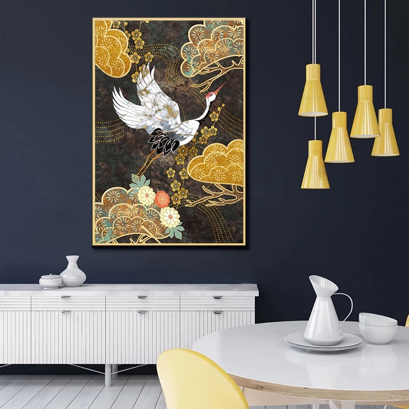 Tranh Vải Bạt Treo Tường In Hình Chim Hạc Vàng Phong Cách Trung Hoa Trừu Tượng Retro Trang Trí Nhà Cửa