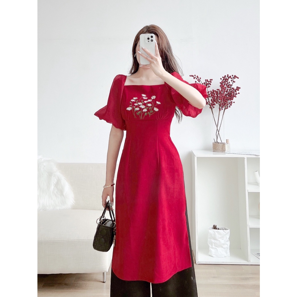 Áo dài cách tân nguyên set kèm chân váy thêu hoa phong cách tiểu thư 1582 IMES SHOP