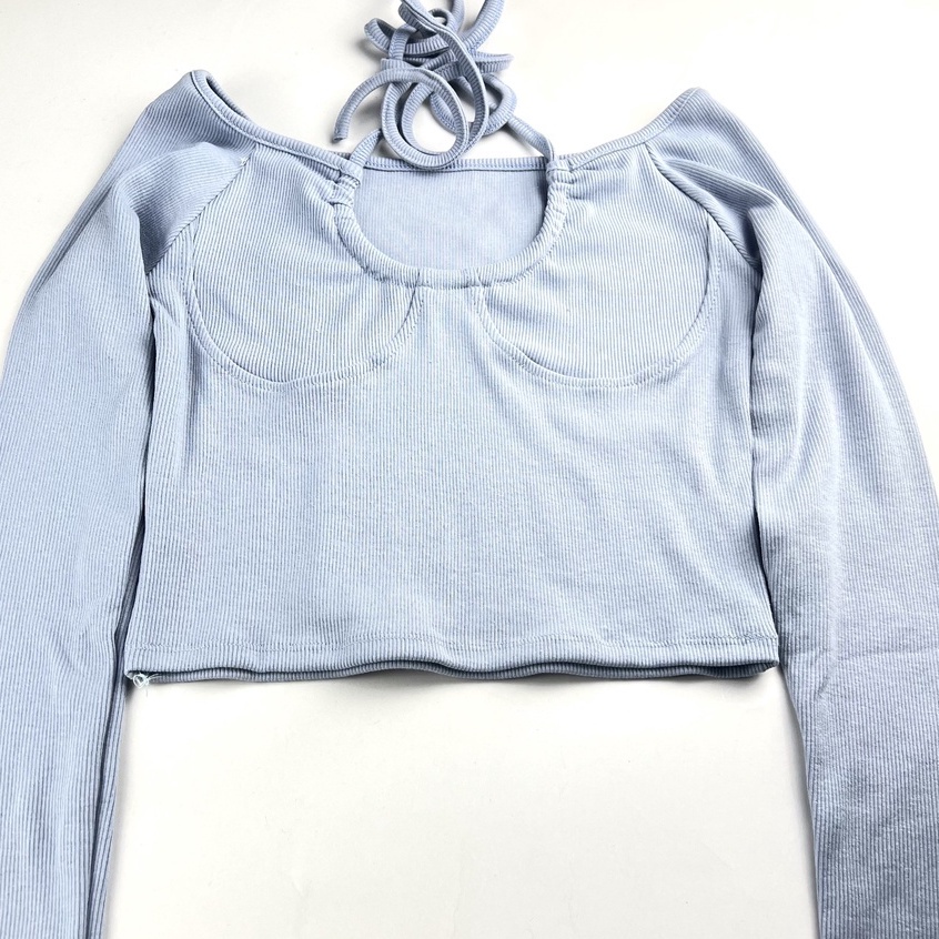 Áo trễ vai tay dài nữ kiểu dáng croptop ôm body khoe xương quai xanh chất thun gân co dãn - AO0151