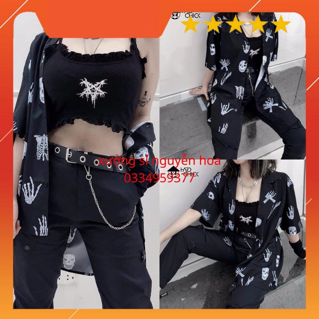 Áo sơ mi họa tiết đầu lâu ngắn tay unisex Form rộng nam nữ mặc được (kèm video/ảnh thật) Xưởng sỉ nguyễn hoa