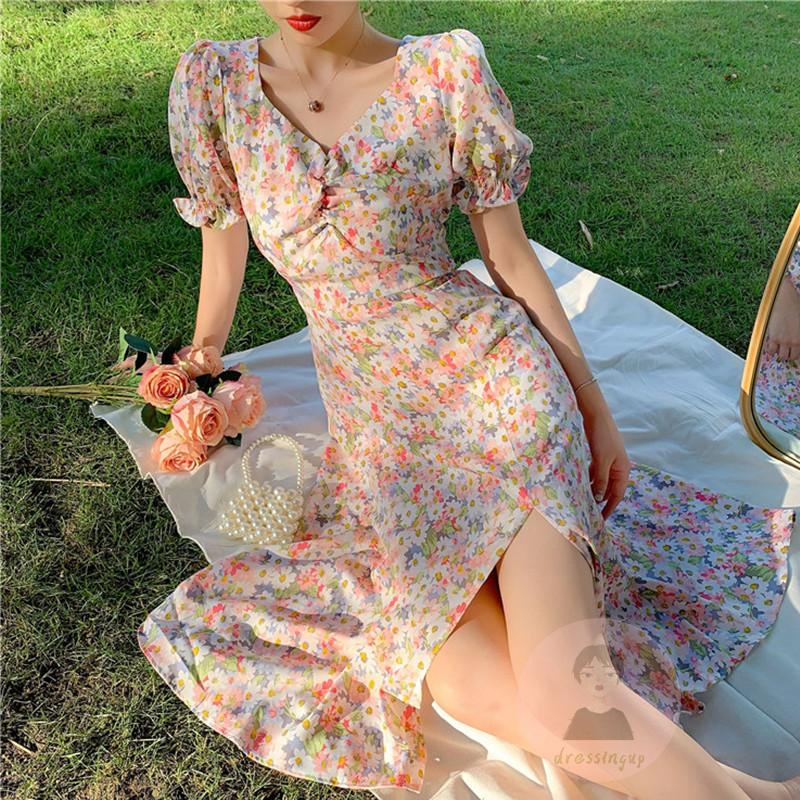 Đầm Hoa Tay Phồng Cổ Chữ V Xẻ Tà Thời Trang Mùa Hè Cho Nữ