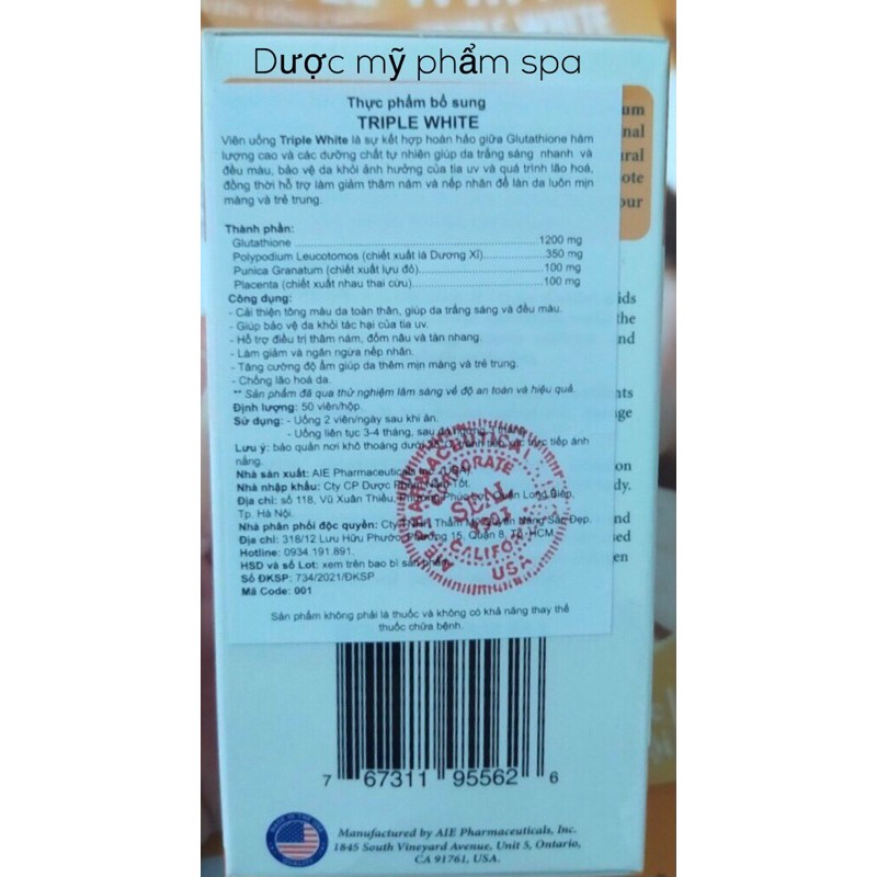 Viên uống sáng da ngăn ngừa sạm nám tàn nhangTriple White,chống nắng da  DƯỢC MỸ PHẨM SPA