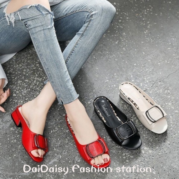 Daidaisy √♥ Giày Xăng Đan Da Mềm Gót Thấp Hở Mũi Phối Khóa Kim Loại Thời Trang Xuân Hè 2022 Cho Nữ