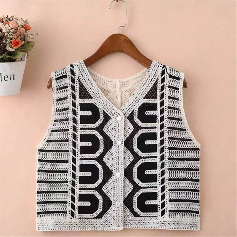 Xiangbao Áo Ghi Lê Không Tay Dệt Kim Khoét Rỗng Cài Nút Họa Tiết Hình Học Vintage Mùa Hè Cho