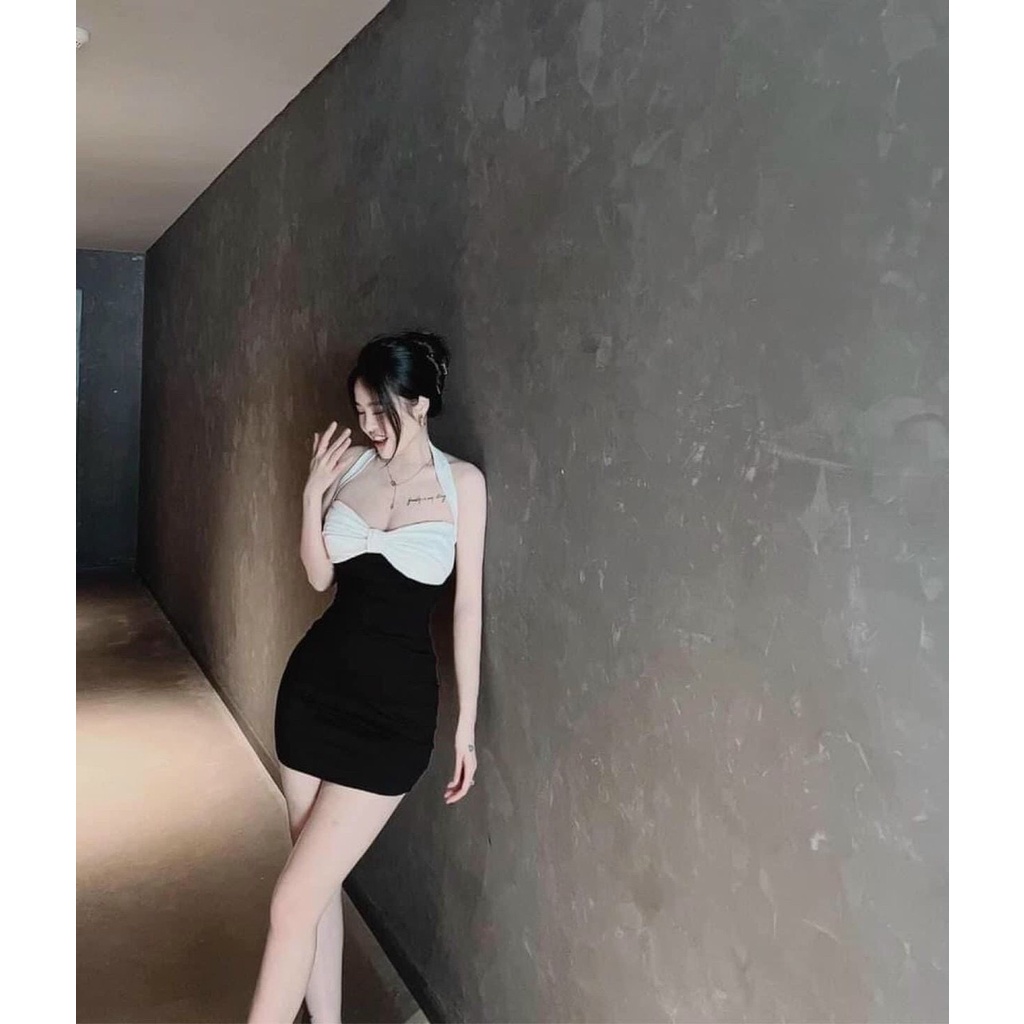 Đầm ôm body cổ yếm dáng ngắn phối nơ ngực chất thun gân