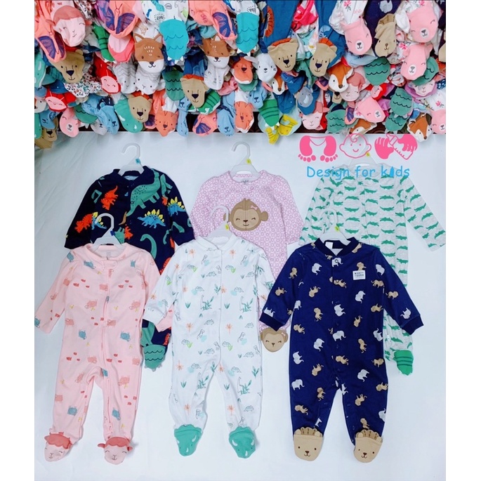 Sleepsuit body dài tay liền tất - vớ hình con vật xinh yêu cho bé trai và bé gái