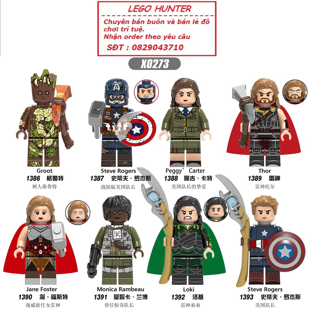 Lego Marvel Minifigures MCU Infinity War nhân vật Thor Captain America Groot Loki Peggy Jane Poster X 0273