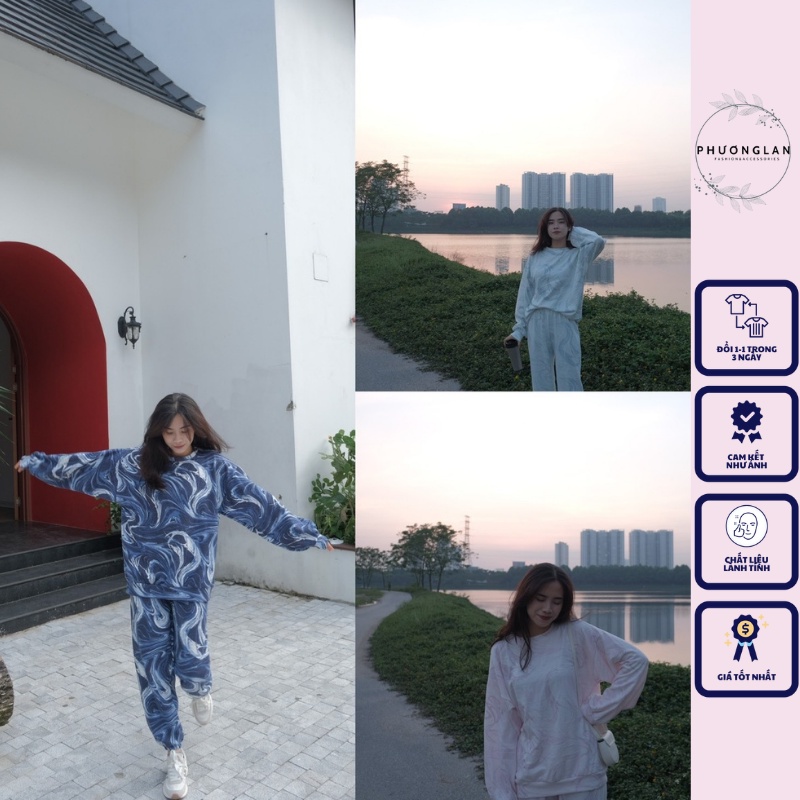Set bộ  Set quần áo dài tay loang màu dành cho nữ PHULA thu đông oversize form unisex Ulzzang