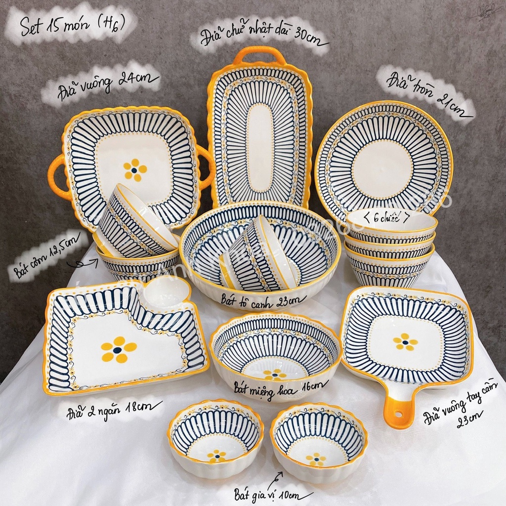 Bộ Bát Đĩa sứ Decor Chén Dĩa Sứ Dễ Thương Cute Cao Cấp  sét thổ cẩm 15 món sanh chảnh H66 trang trí món ăn cho gia đình.