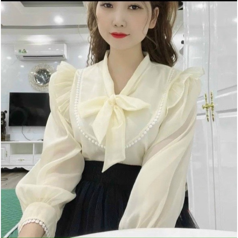 Áo sơ mi kiểu voan nữ buộc nơ 2 lớp tiểu thư sang chảnh THƠM PHẠM SHOP
