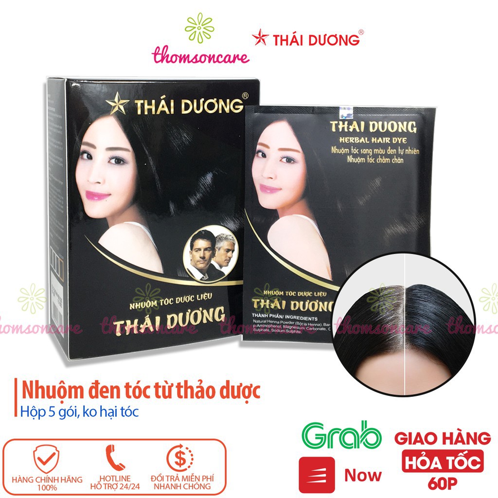 [ Hàng Hot ] Nhuộm đen tóc thảo dược Thái Dương từ dược liệu Hộp 5 gói từ bột lá henna, an toàn cho tóc và da đầu