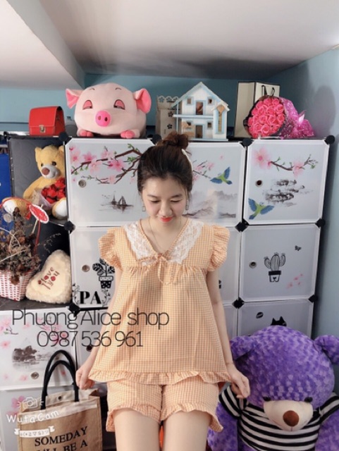 ❤️FREESHIP❤️ Đồ Bộ Mặc Nhà Đùi Caro Phối Ren Dễ Thương Cực