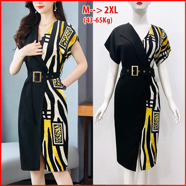 GOTI - Đầm Dự Tiệc Trung Niên Cao Cấp Cổ Đắp Chéo Kèm Thắt Lưng Phối Màu Cao Cấp 3241 3275 3253