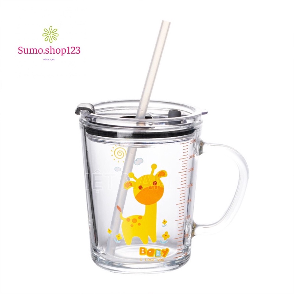 Cốc Chia Vạch Thủy Tinh Pha Sữa Cho Bé 350ml Có Tay Cầm, Nắp Và Ống Hút Tiện Lợi Chống Sánh, Ly Chia Vạch