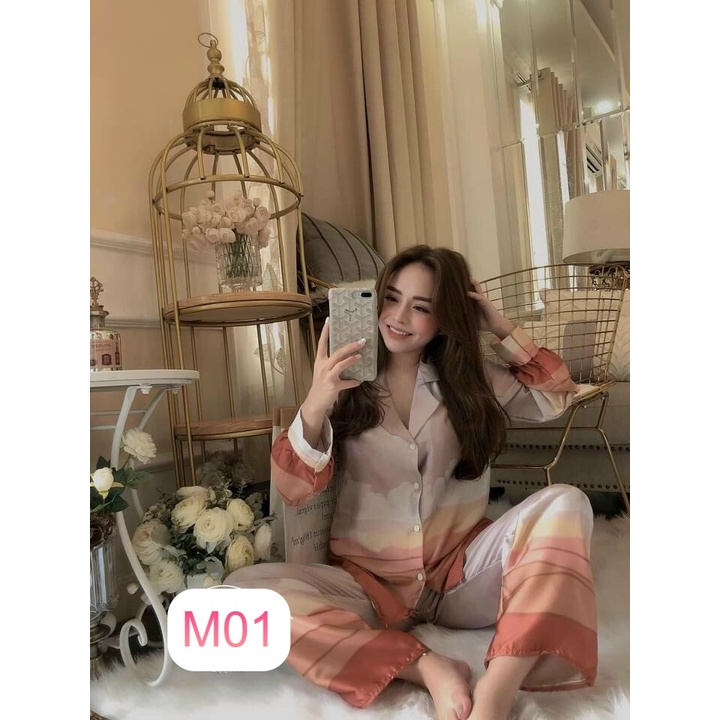 Bộ Pijama Hàng Lụa Thiết Kế Tay Dài Quần Dài Cao Cấp
