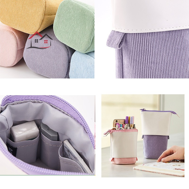 Kglg Pop-up Pencil Case Telescopic Holder Stationery Case PU Corduroy Stand-up Transformer Bag Large Capacity Gift for Kids