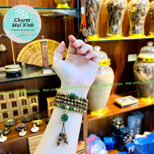 Chuỗi Trầm Hương Tốc lào 108 hạt phối Lu và Hồ Điệp, Cỏ 4 Lá Ngo.c Bích bọc Bạc 925 - Vòng Tay Gỗ tự nhiên Nữ phong thuỷ