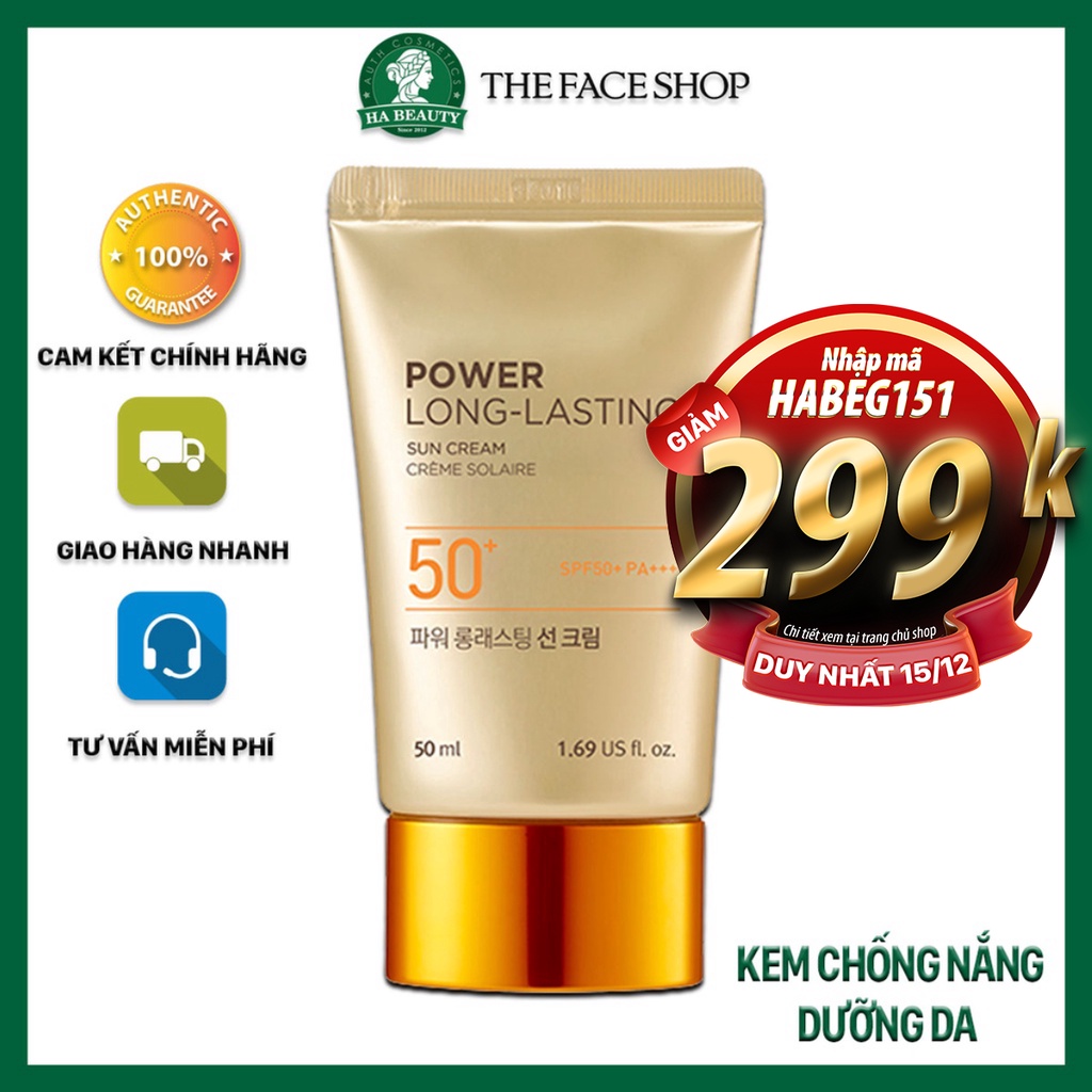 Kem chống nắng dưỡng da The Face Shop Hà Beauty trang điểm lâu trôi Natural Sun Eco Power Long Lasting SPF50+PA+++ 50ml