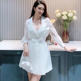 Đầm xoè cổ vest tay voan lưới cột nơ eo