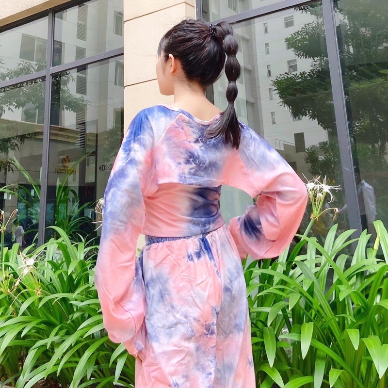 Set áo khoác croptop tiedye bò sữa
