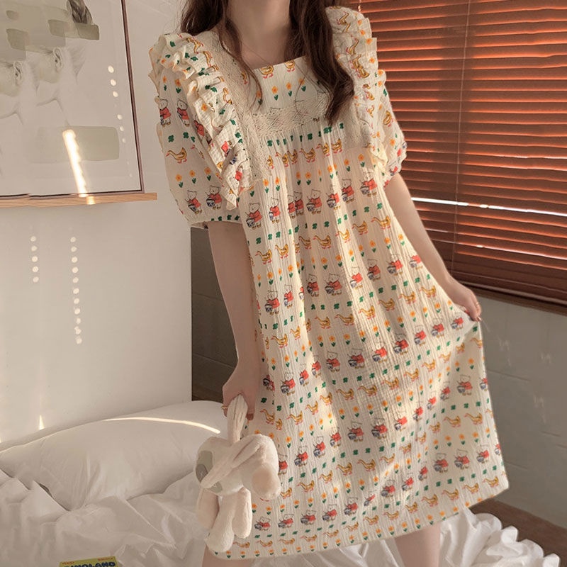 Jiashucheng Đầm Ngủ Dài Tay Ngắn In Hình Gấu Dễ Thương Phong Cách Nhật Bản Thời Trang Mùa Hè Cho Nữ