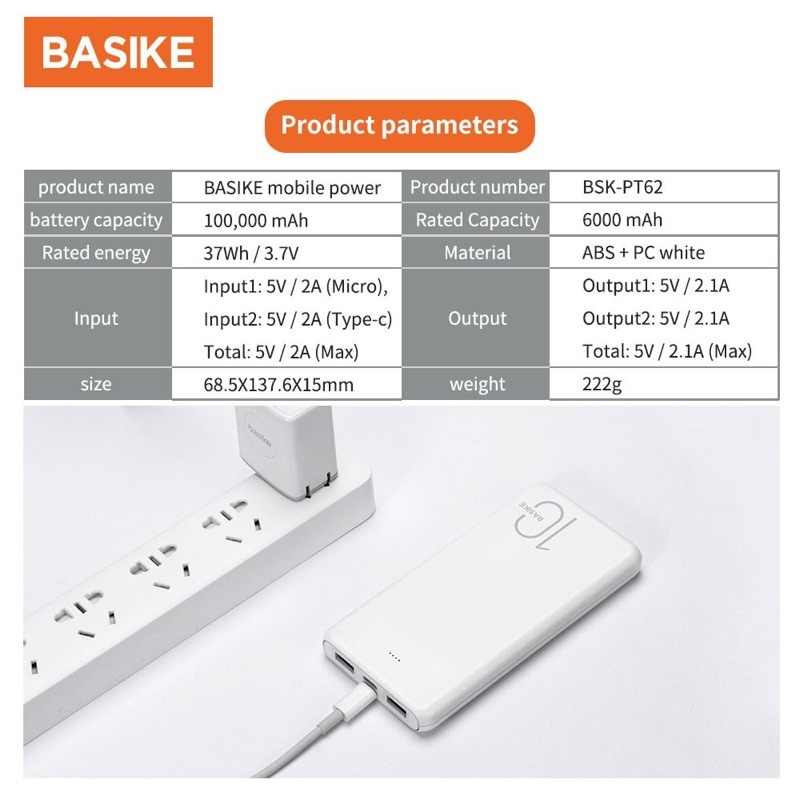 Pin Sạc Dự Phòng Basike Bsk-pt62 Dung Lượng 10000mah Màu Trắng Có Đèn Led Và Cáp Sạc Chất Lượng Cao