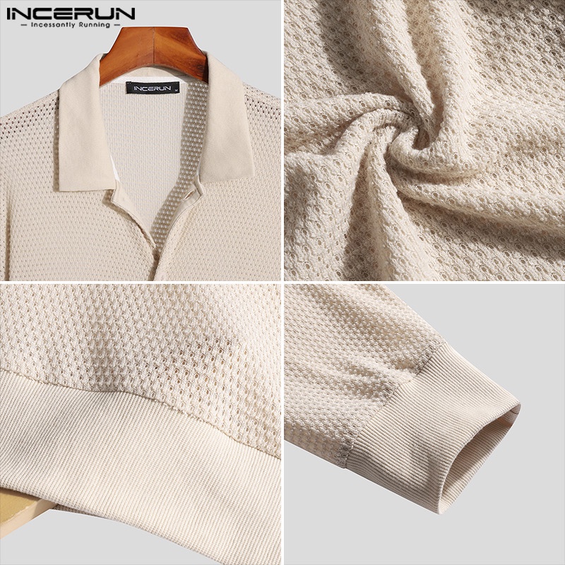 Áo sơ mi INCERUN tay dài cổ bẻ nhìn thấu cài nút hợp thời trang cho nam