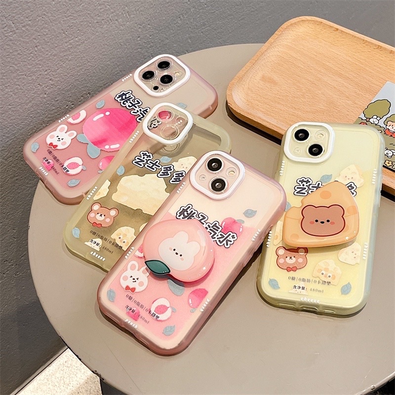 Ốp lưng iphone mềm dẻo viền vuông kèm pop như hình bé gấu vàng và thỏ hồng đào baby