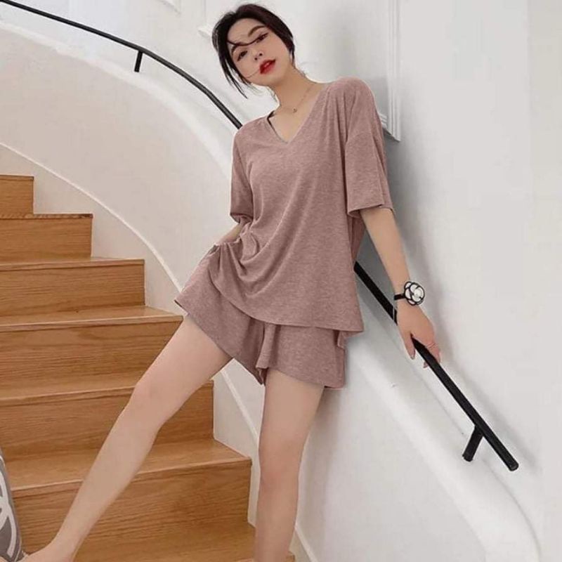 Bộ đồ mặc nhà cộc tay nữ, bộ ngủ nữ cổ tim quần đùi dáng rộng cotton cao cấp