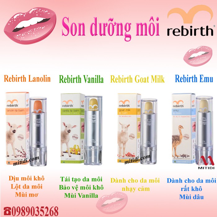 Son dưỡng môi nhau thai cừu Rebirth Lanolin Lip Balm