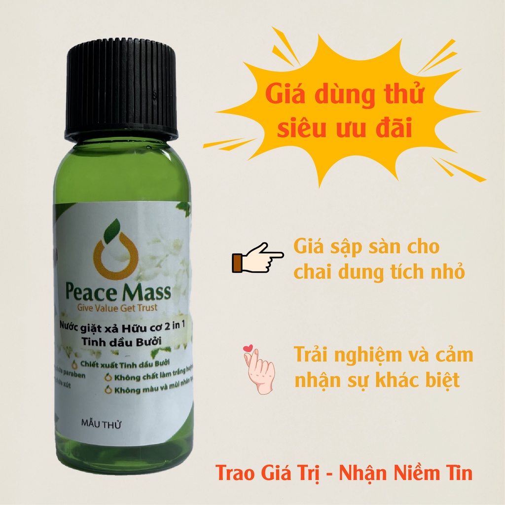 [Hàng Trải Nghiệm] [TINH DẦU BƯỞI &amp; KHÔNG CHỨA XÚT] Nước Giặt Xả Hữu Cơ Peace Mass 2in1 30ml Đánh Bay Vết Bẩn Cứng