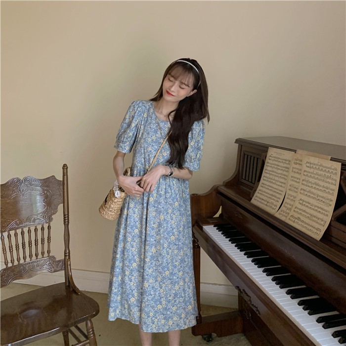 Đầm babydoll hoa nhí có dây buộc eo tay phồng ulzzang - V14FG BROWN