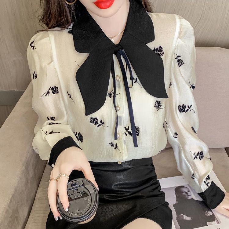 2022 autumn new bow collar Hepburn broken flower blouse feminine bubble long-sleeved chiffon bottomed shirt girl