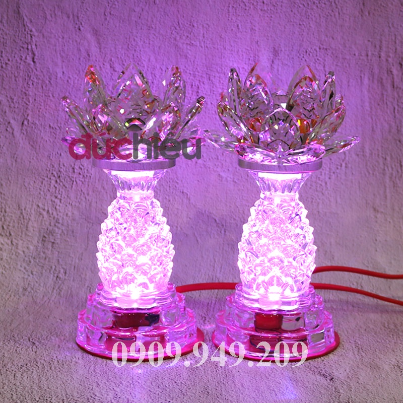 Đèn thờ cúng hoa sen pha lê trái thơm cao 17cm – Đức Hiếu Shop
