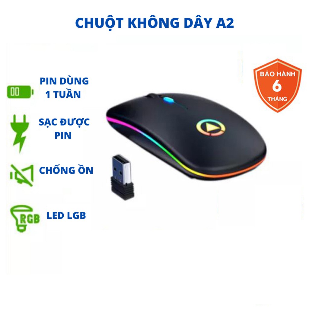 Chuột không dây A2, chuột máy tính không dây có đèn LED có thể sạc lại dùng Pin sạc, click không gây tiếng ồn