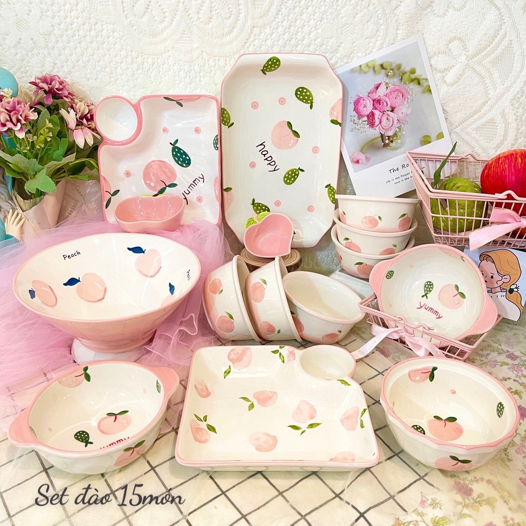 Bát đĩa gốm sứ decor siêu đẹp set đào 15 món cho bé cực xinh yêu
